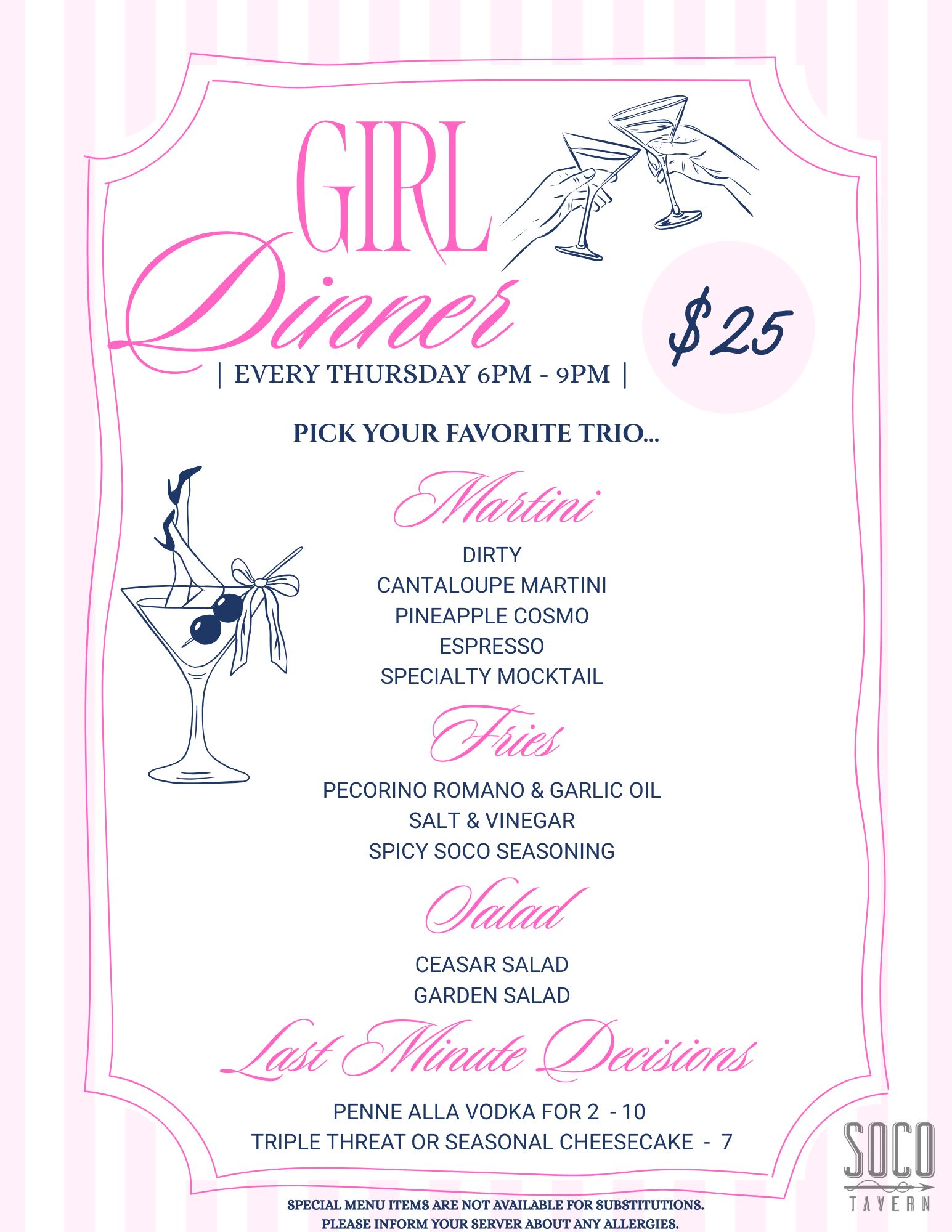 SOCO GIRL DINNER MENU